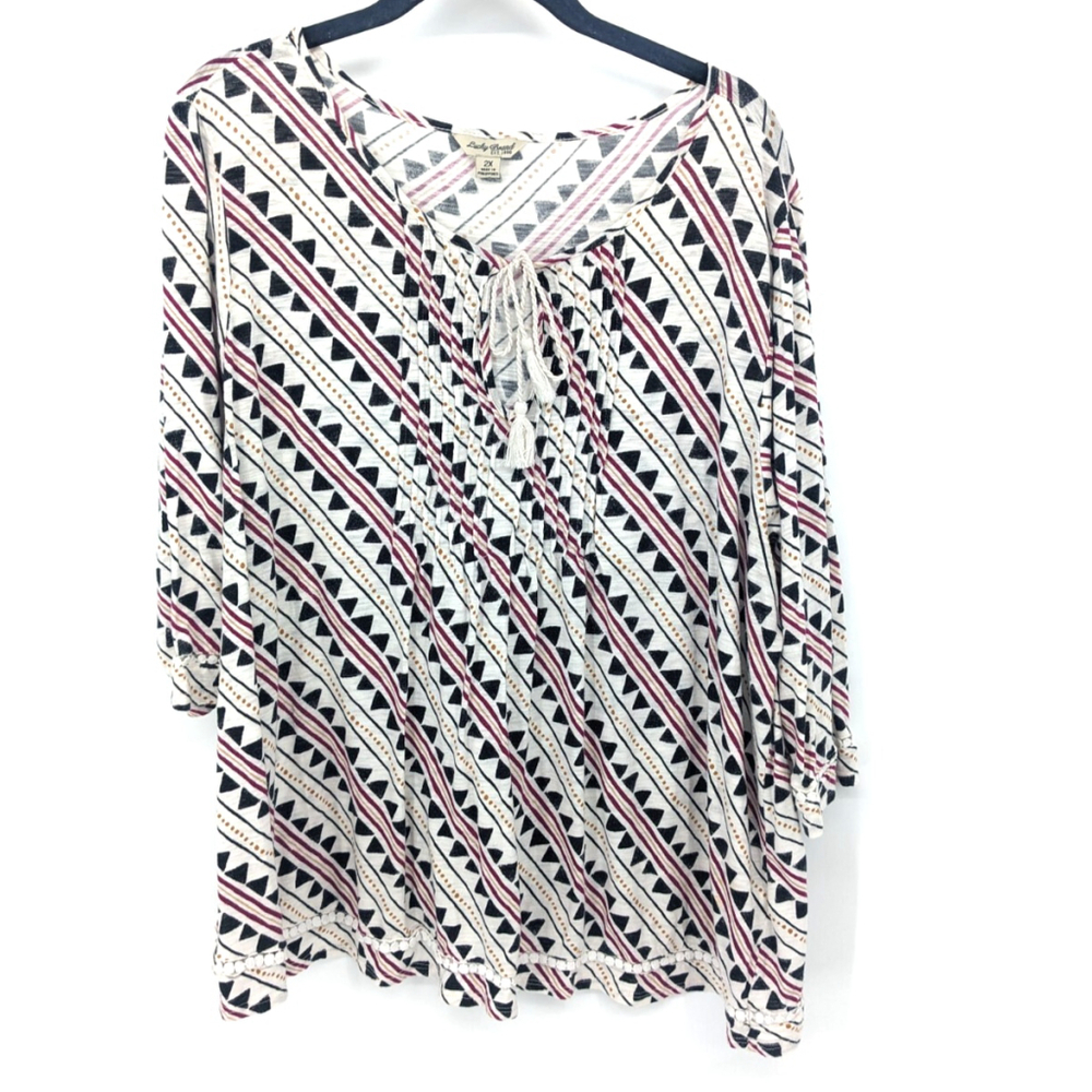 Lucky Brand Top Womens XL White Tunic Boho Aztec Lace Up Comfort Artsy Shirt
